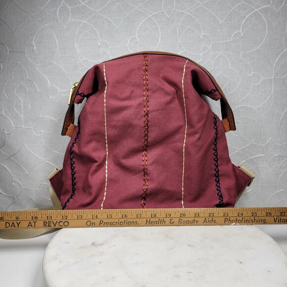 GILI Embroidered Canvas Backpack 13" Red Tan Leather Trim Adj Straps‎ Zipper - Picture 7 of 16